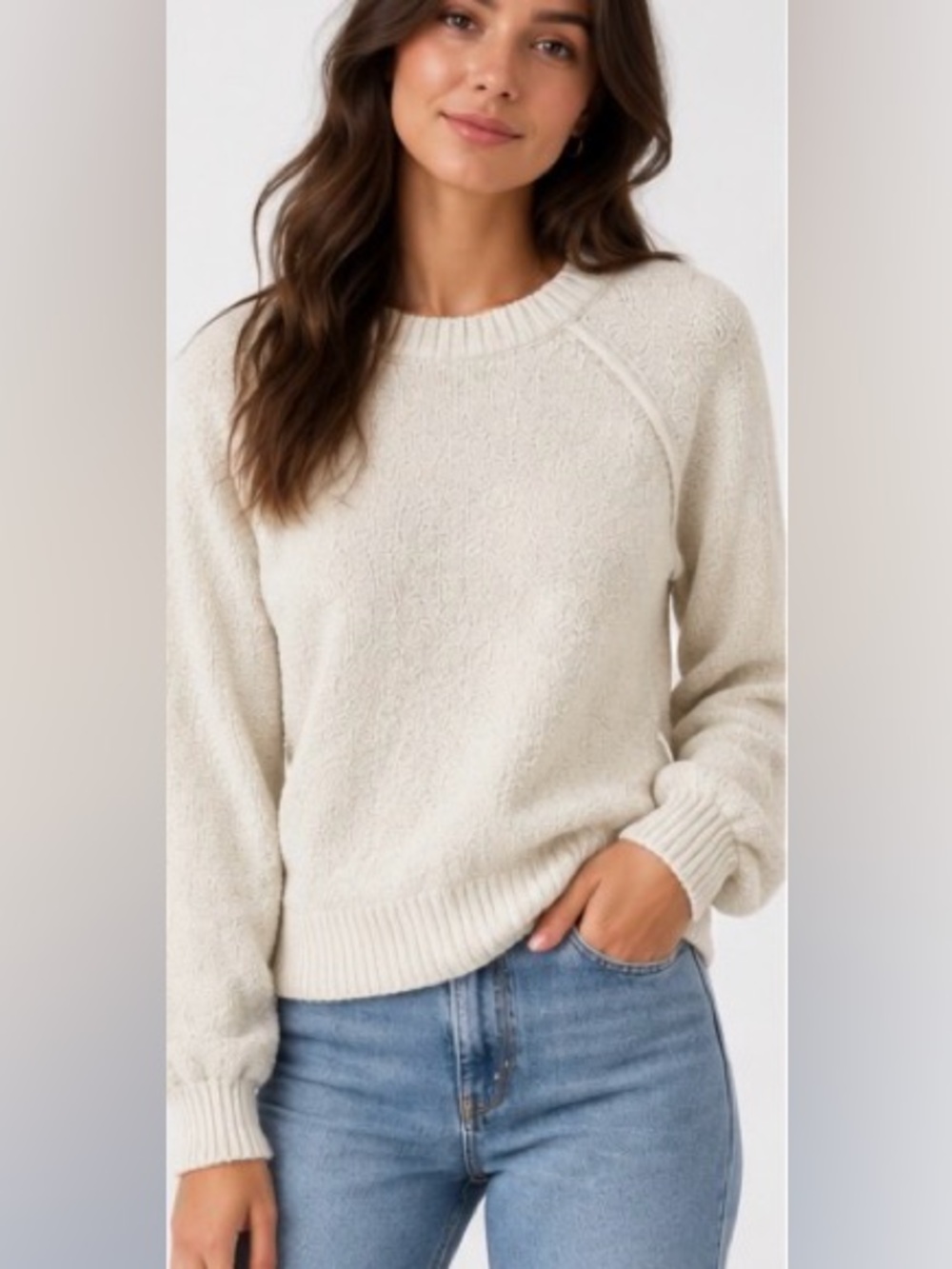 Double Zero Bone Cream Textured Raglan Sweater Size Small